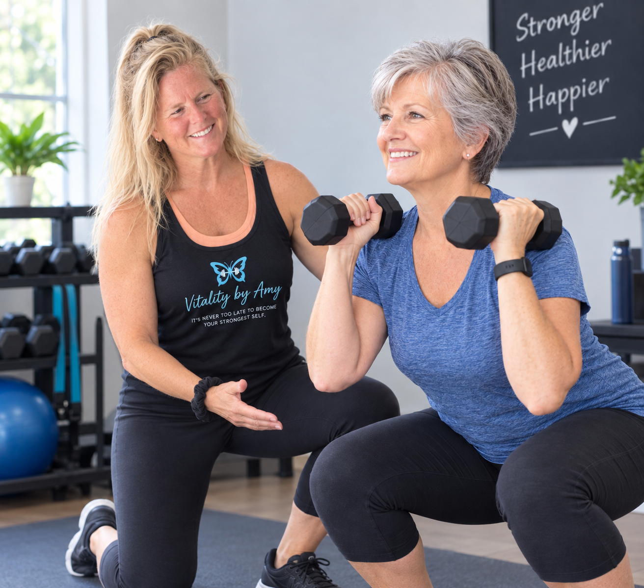 Amy guiding a smiling older woman through a dumbbell squat in a bright gym