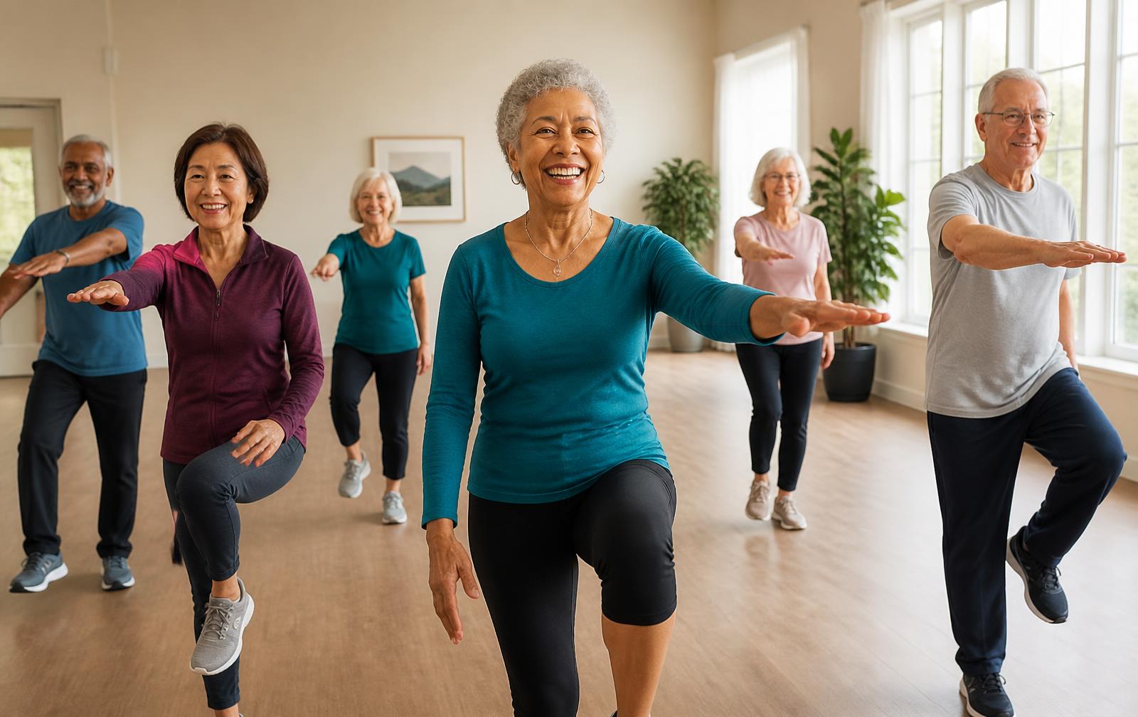A diverse group of adults in their 50s to 70s practicing gentle balance exercises in a sunlit room